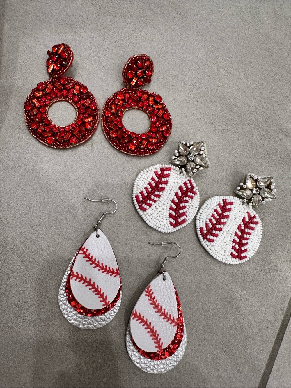 Red Beaded Hoop & Baseball Stitch Earrings Trio